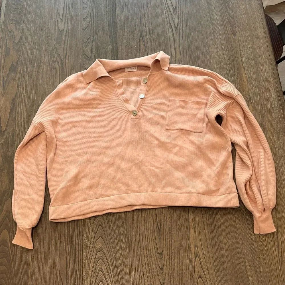 Vestique Peach Ribbed Knit Long Bubble Sleeve Collared Pullover Sweater Size S